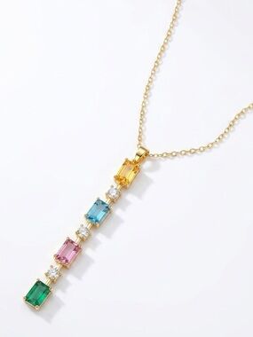Vibrant Multi-Color Crystal Linear Drop Necklace - 14K Gold Plated